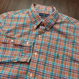 Polo Ralph Lauren Shirt Mens XL Cotton Stretch Plaid Classic Fit Orange Button